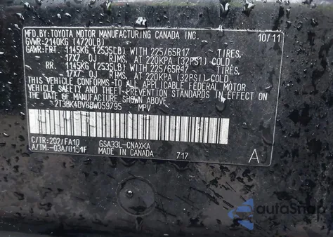 2011 Toyota Rav4 Base V6 из США, поврежденный, VIN 2T3BK4DV8BW059795